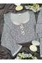 Gray Daisy Patterned Lace Detailed Patched Long Sleeve Berlin Pajama Set - 8