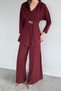 Women's V-Neck Gold Buckle Blouse Elastic Waist Palazzo Trousers Two-Piece Set - 2