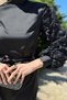 Women's Satin Evening Dress with Rose Figures on the Sleeves and Waist Belt - 3