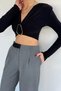 Women's V-Neck Gathered Crop Top Blouse with Gold Buckle Detail - 3