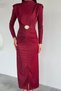 Women's Stand Collar, Shoulder Padded, Gold Buckle Detailed Lycra Shiny Dress - 2