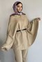 Gülseli Women's Gold Buttoned Belt Detailed Knitwear Poncho Trousers Hijab Double Set - 3