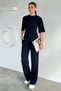 Women's Crew Neck Ribbed T-Shirt and Elastic Waist Pants Two-Piece Set - 2