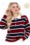 Burgundy Striped Polo Neck Buttoned Women's Knitwear Sweater