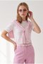 Women's Pink Scarf Detailed Striped Short Sleeve Knitwear Blouse Blz-19003353 - 3