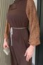 Satin Evening Dress with Laced Sleeves and Stones at the Waist, Lace-Up Hijab Dress - 3