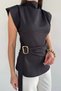 Women's Stand Collar Blouse with Draped Waist and Shoulder Belt Detail - 2