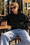 Standard Fit Cotton Soft Textured Basic Hooded Kangaroo Pocket Black Sweatshirt