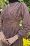Women's Pleated Waist Belt Detailed Tulle Hijab Evening Dress - 3