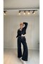 Navy Blue Plaid Trousers with Waist Detail and Side Stripes - 7