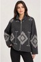Women's Gray Geometric Patterned Zippered Cashmere Cardigan with Stand Collar and Relaxed Fit