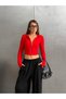 Women's Red Finger-Looped High Neck Zippered Diving Fabric Blouse - 3
