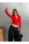 Women's Red Finger-Looped High Neck Zippered Diving Fabric Blouse - 4