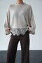 Women's Light Beige Crew Neck Bat Sleeve Lace Wool Knit Sweater - 4