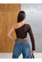 Women's Bitter Brown Single Sleeve Low-Cut Front Long Sleeve Diver Fabric Blouse - 6