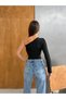 Women's Black Single Sleeve Low-Cut Front Long Sleeve Diver Fabric Blouse - 8