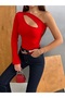 Women's Red Single Sleeve Front Cut-Out Long Sleeve Diver Fabric Blouse - 3