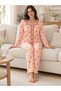 Women's Salmon Rose Patterned Waffle Long Sleeve Pajama Set - 6