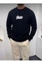 3 Thread Organic Cotton Oversize Special Mini Print Round Neck Sweatshirt with Fleece Inside Black