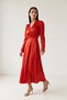 Red Button Detailed V-Neck Midi Dress - 2