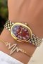 Gold Burgundy Color - Steel Strap Women's Wristwatch - Waterproof - with Bracelet Gift - 2