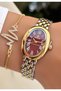 Gold Burgundy Color - Steel Strap Women's Wristwatch - Waterproof - with Bracelet Gift