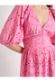 Long Scalloped Dress with Balloon Sleeves, Deep Neckline and Buttons - 5