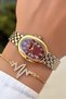 Gold Burgundy Color - Steel Strap Women's Wristwatch - Waterproof - with Bracelet Gift - 3