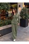 Women's Beige Zippered Belted Jacket and Wide-Leg Pants Two-Piece Set - 6