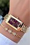 Gold Burgundy Color - Rectangular Women's Wristwatch - Waterproof - with Bracelet Gift - 2