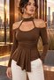 Women's Off-The-Shoulder Semi-Turtleneck Long Sleeve V-Neck Front Pleated Viscose Blouse - Original Design and Feminine Elegance