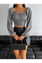 Women's Gray Balloon Sleeve Tie-Up Corset Look Madonna Collar Diver Fabric Crop Blouse
