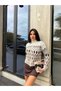 High Collar Zippered Geometric Patterned Knitwear Cardigan