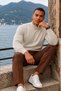 Men's High-Neck Casual Beige Knit Sweater - 4