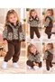 Girl's Brown Leopard Patterned Plush 3-Piece Tracksuit Set - 3