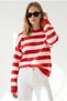 Women's Red and White Thick Striped Soft Textured Oversize Sweater Kzk-19001197 - 4