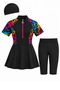 Young Girl Waitress Semi-Closed Swimsuit Set 3 Piece Short Sleeve Zipper Patterned Black