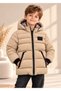 Custom-made nova fabric boys' hooded puffer jacket, beige plaid lined, zippered winter thick coat.