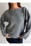 Women's Stone Embellished Wide Collar Long Sleeve Sweater - 2