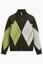Women's Dark Khaki Ecru Green Diamond Patterned Zippered High Collar Soft Textured Knitwear Cardigan