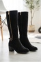 Women's Suede Side Zipper Buckle Thick Heeled Boots - 2