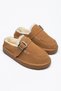 Adri Women's Buckle Detailed Suede Slippers with Fur Inside, Tan