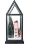 New year's decor lighted black glass cage with houses and pine trees black-green-red 33x15 cm. - 4