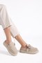 Adri Women's Buckle Detailed Suede Slippers with Fur Inside Beige - 2