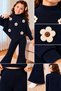 Girl's Navy Blue Thin Ribbed Floral Appliqué Spanish Style 2-Piece Knitwear Set - 4