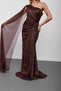 Brown one shoulder tulle evening dress with cape detail - 6