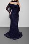 Navy Blue Boat Neck Lace Textured Evening Dress with Scarf - 6