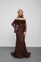 Brown Boat Neck Lace Textured Evening Dress with Scarf - 2