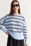 Women's Baby Blue Striped Boat Neck Off-Shoulder Oversized Knit Sweater 60286767