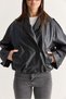 Women's Black Wide Shawl Collar Faux Leather Jacket with Pocket Details, Elasticated Waist, Bomber Cut, and Lining 1147 60286763 - 7
